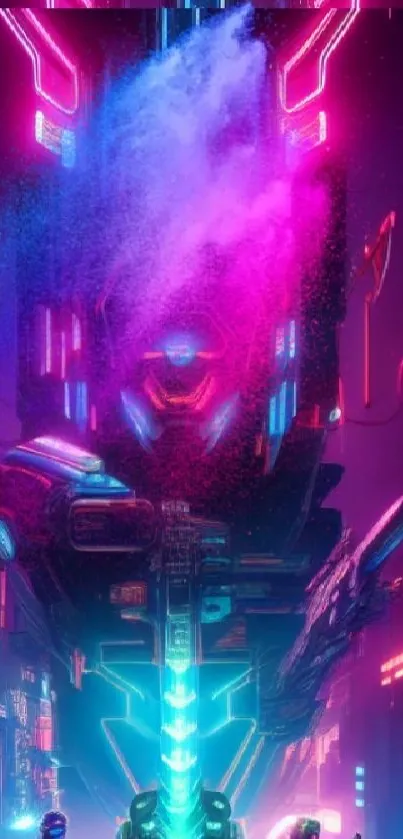 Futuristic neon cityscape with cyber warriors in vibrant colors.