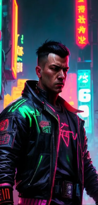 Vibrant cyberpunk cityscape with neon lights and a mysterious character.