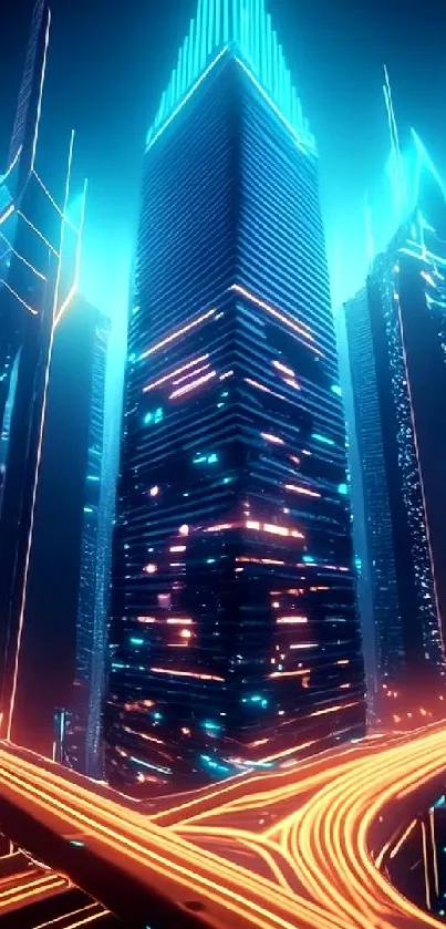 Futuristic cityscape with neon lights and skyscrapers in blue and orange hues.