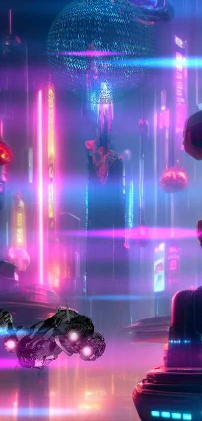 Futuristic neon cityscape with vibrant skyscrapers and flying vehicle.