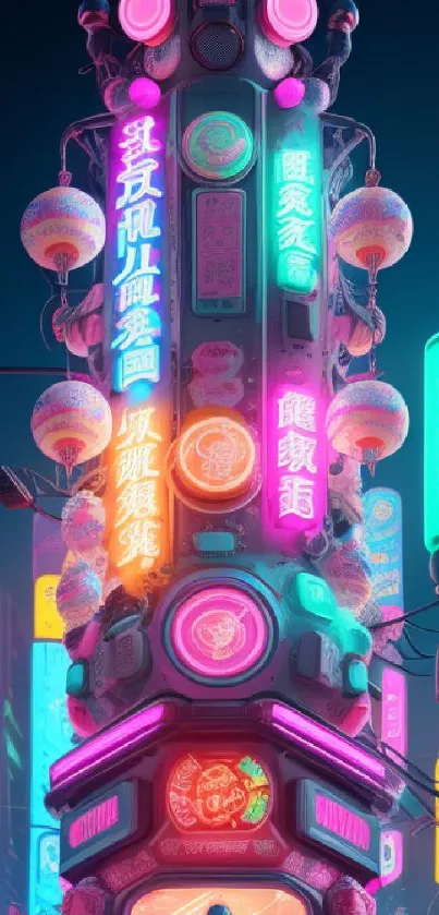 Futuristic neon cityscape with vibrant lights and cyberpunk design in mobile wallpaper.