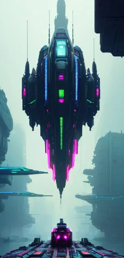 Futuristic cityscape with neon-lit ships hovering above a misty urban street.