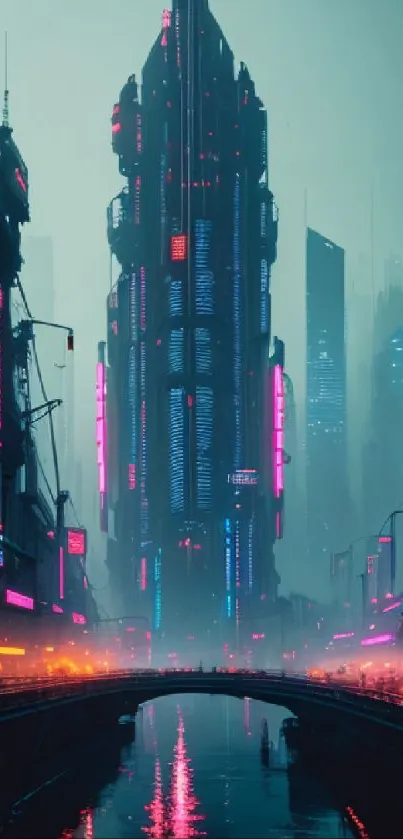 Futuristic neon cityscape with skyscrapers and glowing water reflections.