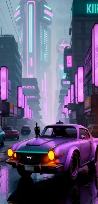 Purple neon-lit city street with retro car.