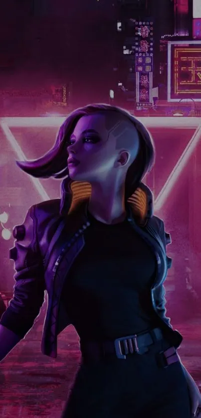 Futuristic cyberpunk character with neon city background, featuring vibrant colors.