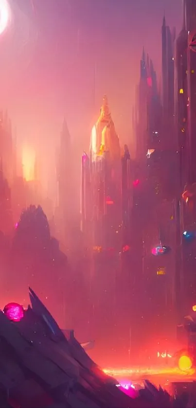 Futuristic neon cityscape with glowing skyscrapers.