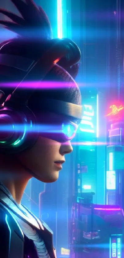 Futuristic character with neon city background.