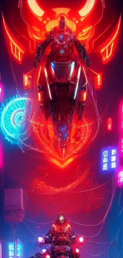 Futuristic neon cityscape with cyberpunk elements in vibrant colors.