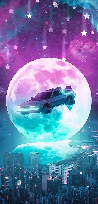 Futuristic city with flying car and neon moon.