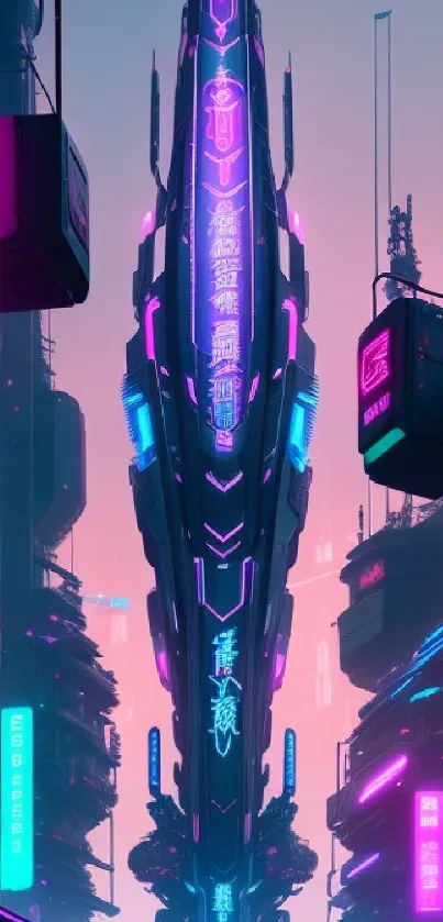 Futuristic neon cityscape with a cyberpunk vibe and vibrant skyscraper lights.