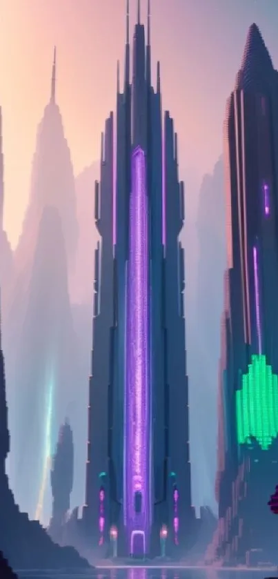 Futuristic cityscape with neon lights and towering buildings, perfect for wallpaper.