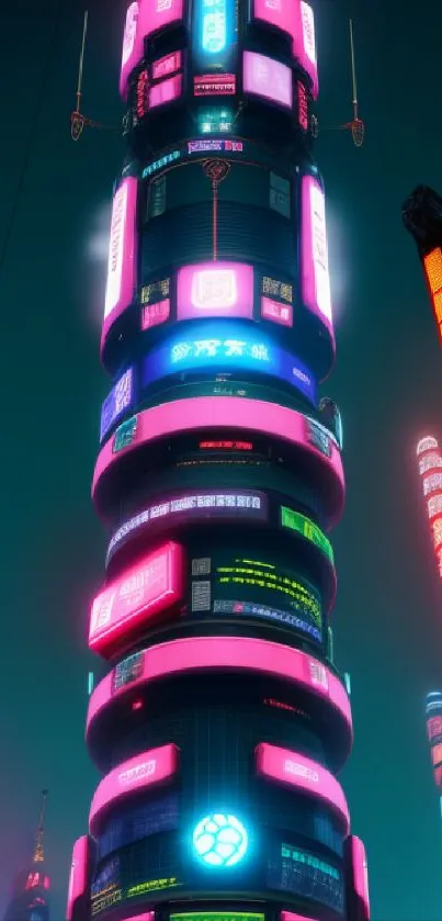 Futuristic city with neon signs under dark blue night sky.