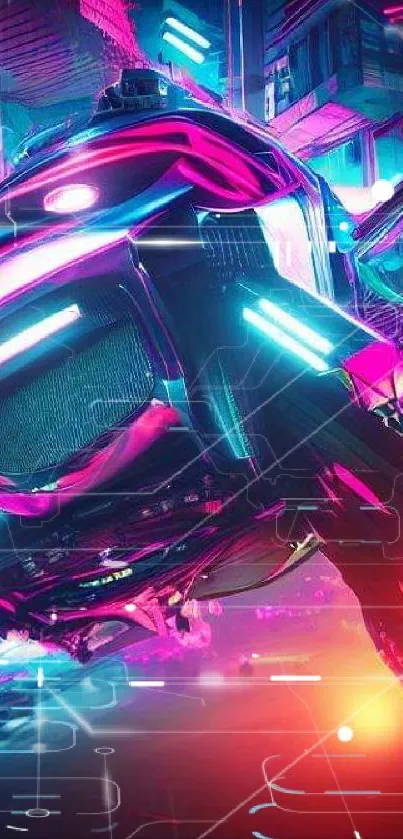 Futuristic neon cityscape with flying vehicle and vibrant lights.