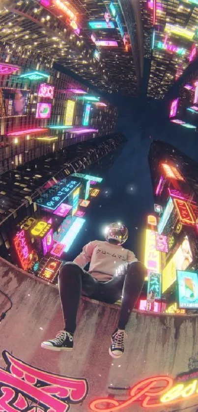 Person sitting amid a vibrant neon cityscape with futuristic architecture.