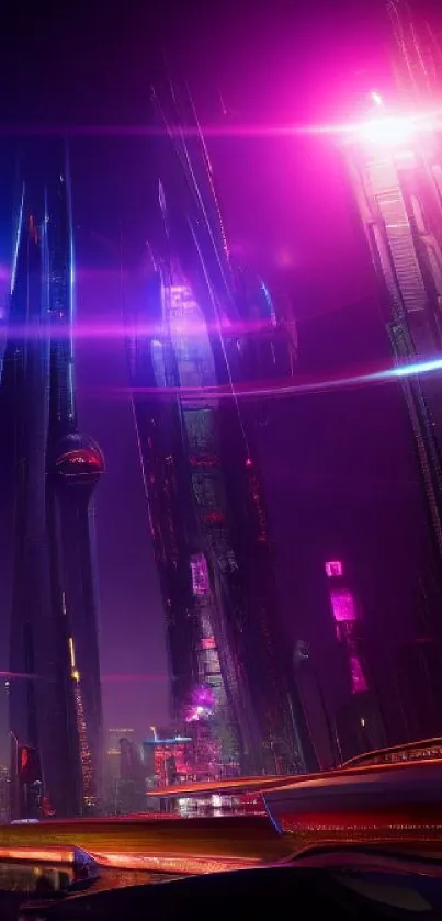 Futuristic neon cityscape with vibrant skyscrapers and glowing lights.