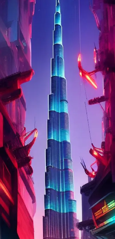 Futuristic cityscape with neon skyscraper in pink hues.