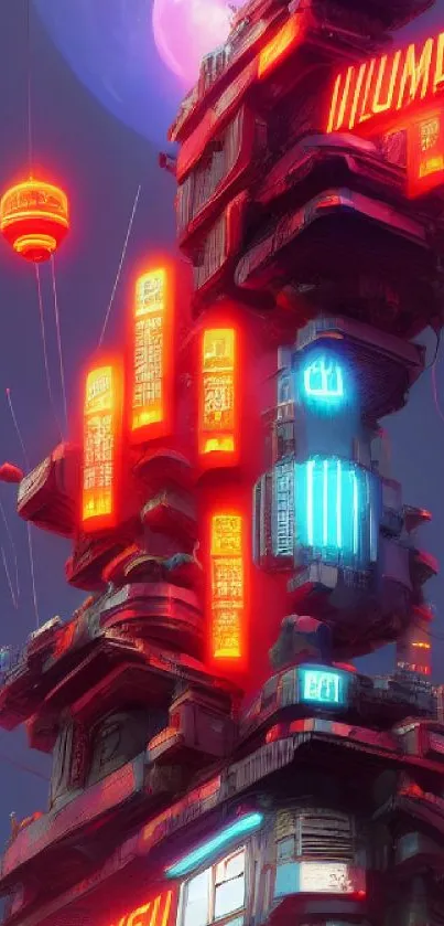 Futuristic cityscape with neon lights and sci-fi elements in a digital art style.