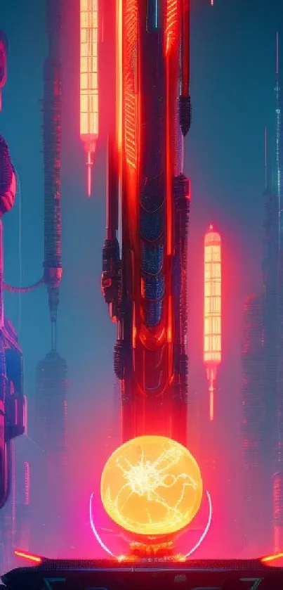 Futuristic neon cityscape with glowing lights and modern architecture.