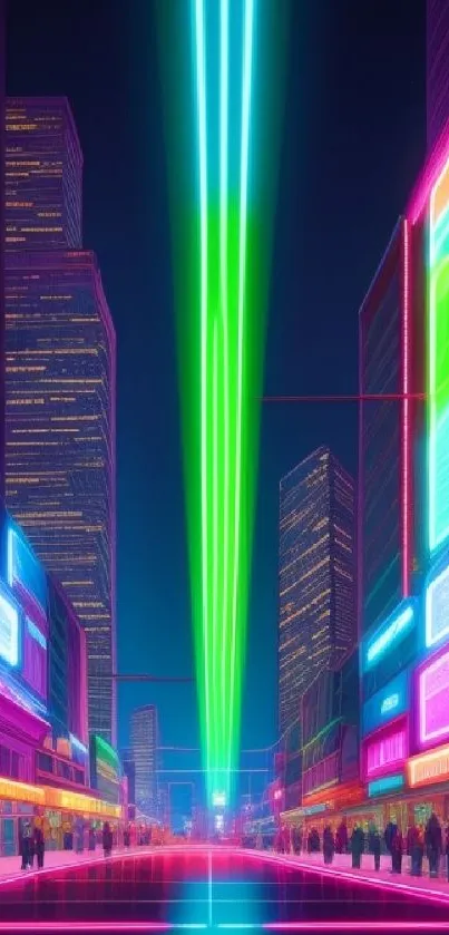 Futuristic neon cityscape with vibrant colors and digital art style.