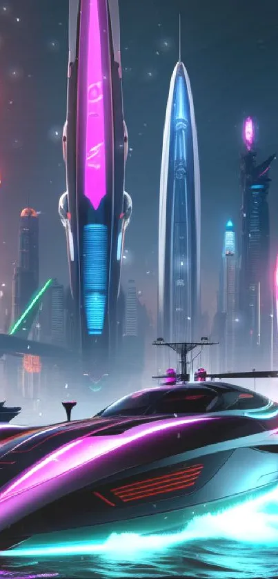 Futuristic cityscape with neon lights and a sleek speedboat on water.