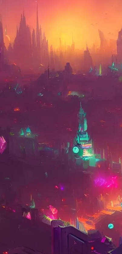 Futuristic neon cityscape with glowing sunset.