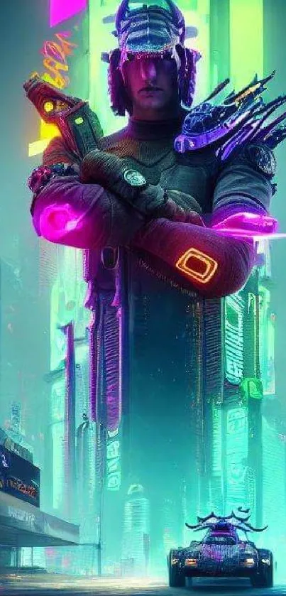 Futuristic neon cityscape with tech warrior.