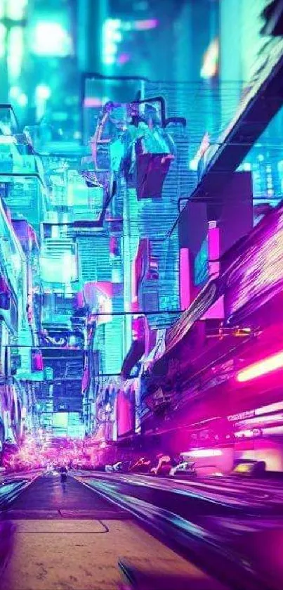 Futuristic cityscape with vibrant neon lights and dynamic motion in violet tones.