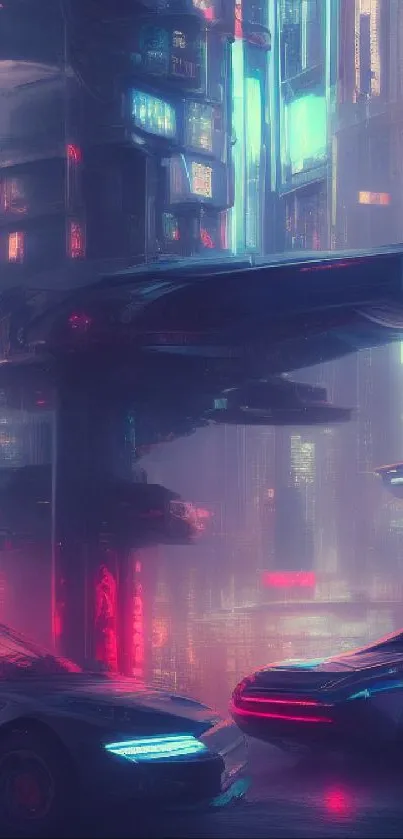 Futuristic neon cityscape with modern cars in digital art.