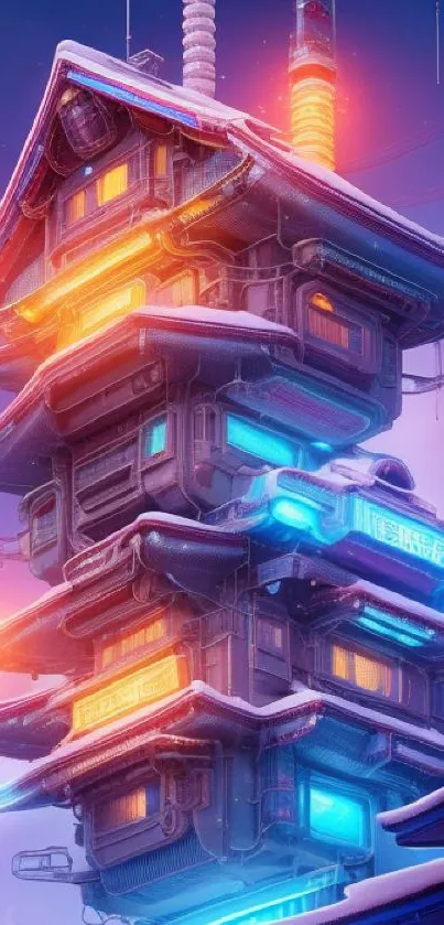 Futuristic cityscape with neon lights and glowing signs in digital art style.