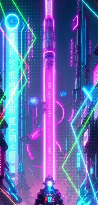 Futuristic neon cityscape with glowing lights and cyber elements.