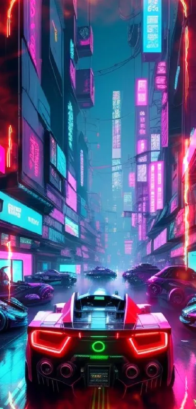 Futuristic neon cityscape with sleek cars.