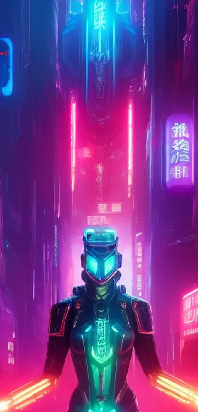 Futuristic neon cityscape with glowing cyborg in vibrant urban setting.