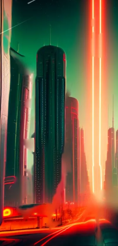 Futuristic neon cityscape with tall glowing skyscrapers and vibrant colors.
