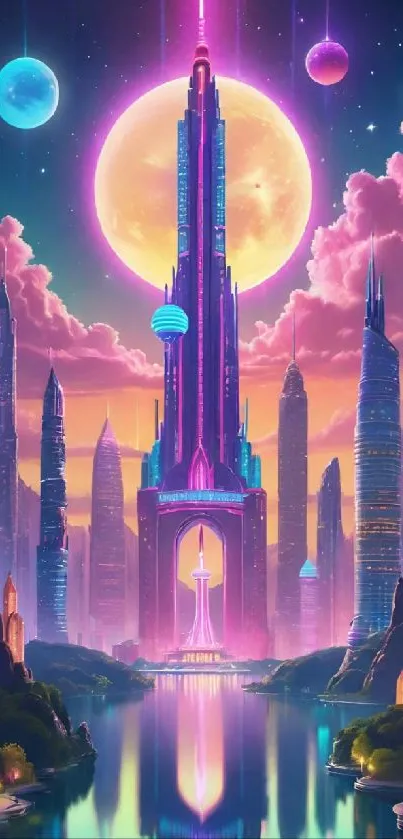 Futuristic neon cityscape with glowing planets in a vibrant color palette.