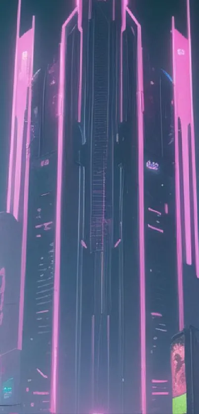 Futuristic neon cityscape with tall skyscrapers.