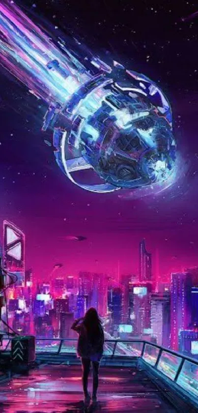 Futuristic neon cityscape with vibrant purple glow.