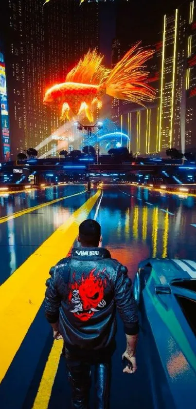 Futuristic cityscape with neon lights and a vibrant, glowing goldfish in the sky.