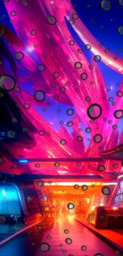 Vibrant futuristic cityscape with neon lights and abstract art.