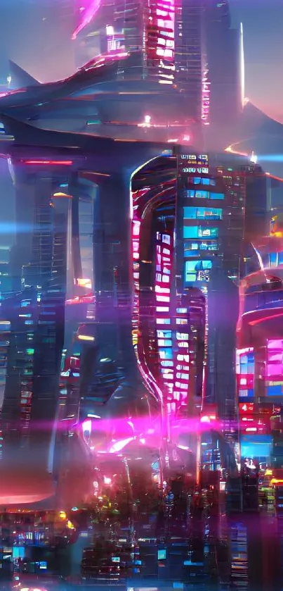 Futuristic neon cityscape with vibrant lighting and skyscrapers.