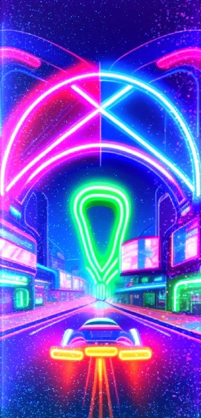 Futuristic neon cityscape with vibrant colors and dynamic design for mobile wallpaper.