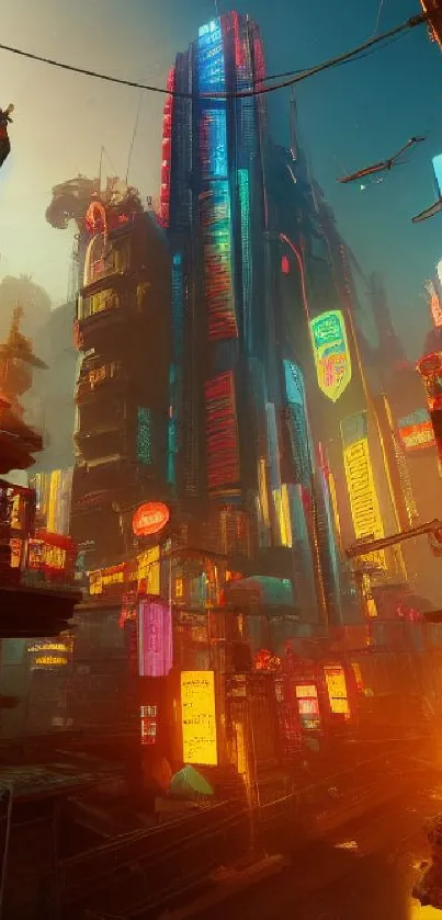 Vibrant neon cityscape with skyscrapers and glowing lights in a futuristic setting.