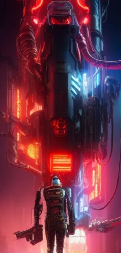 Futuristic neon cityscape with lone figure in cyberpunk setting.