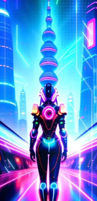 Futuristic neon cityscape with cybernetic figure in vibrant lights.