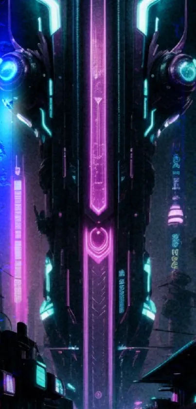 Futuristic neon pink and cyan glowing cityscape wallpaper.