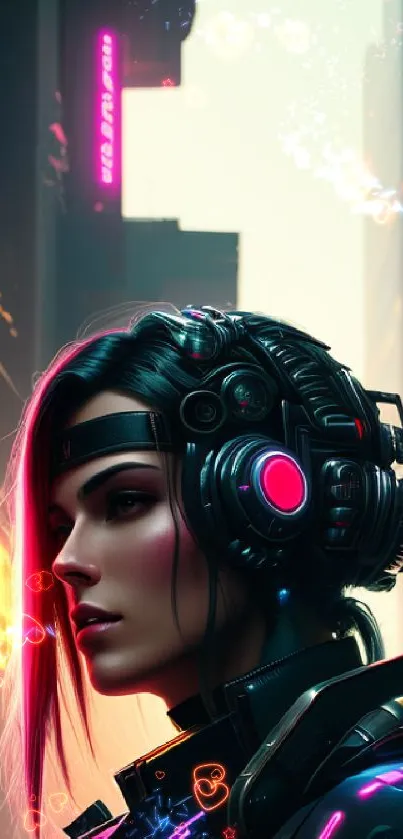 Futuristic neon city wallpaper with cyber character wearing headphones.