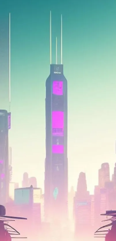 Futuristic neon cityscape with towering buildings at dusk.