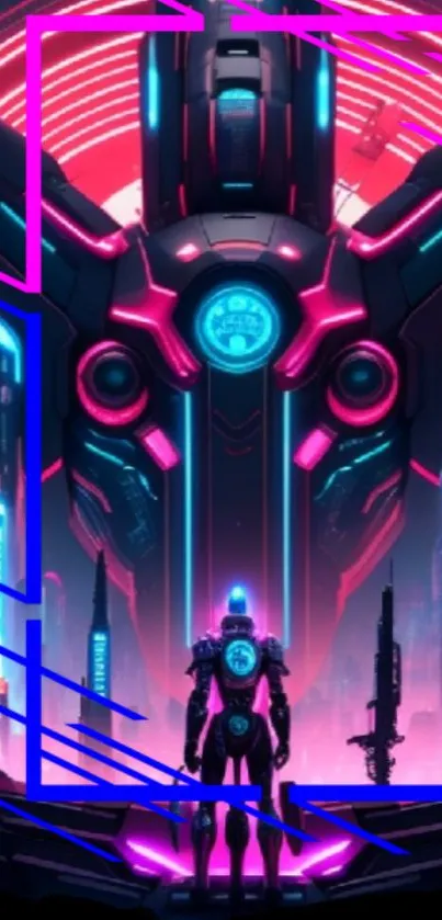 Futuristic cyber warrior with neon lights in a digital cityscape.