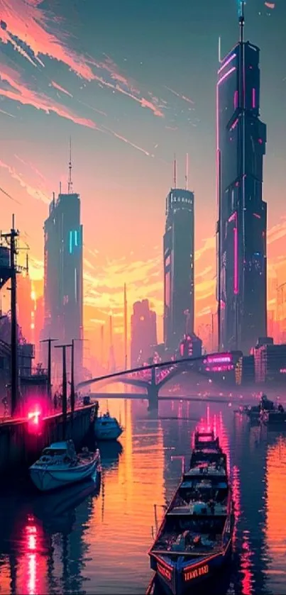 Futuristic cityscape with neon lights and waterfront, perfect for tech fans.