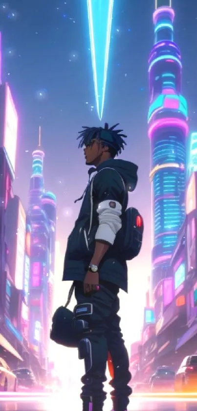 Futuristic neon cityscape with glowing lights and urban adventurer.