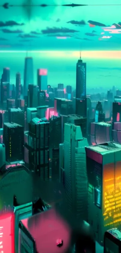 Futuristic cityscape with neon lights and vibrant colors.